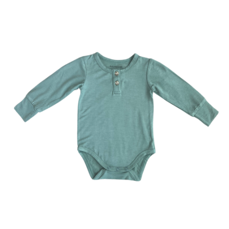 Baby Sprouts long sleeve bodysuit in Storm, bamboo jersey fabric, snap closure detail