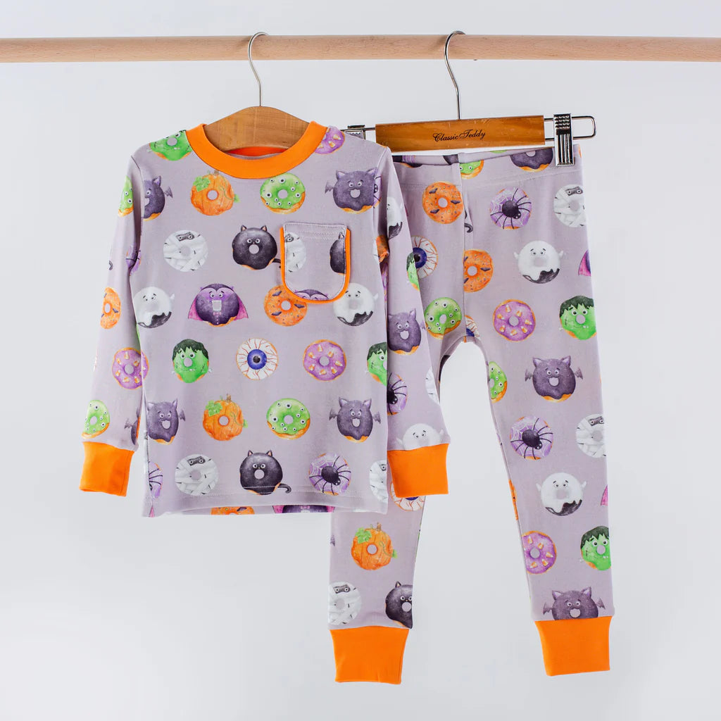 Spooky Sprinkles organic cotton pajama set in soft 1x1 rib fabric by Nola Tawk