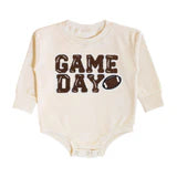 LV Game Day Patch Long Sleeve Romper in Natural with brown and white chenille patch detail