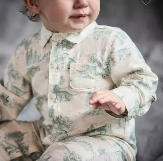 LS COLLAR DINO ONE PIECE ROMPER-IVORY DINO TOILE