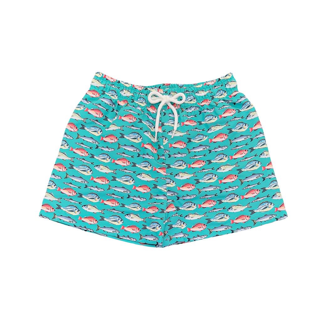 Saint Simons Swim Trunk in Aqua Fish colorway by Saltwater Boys