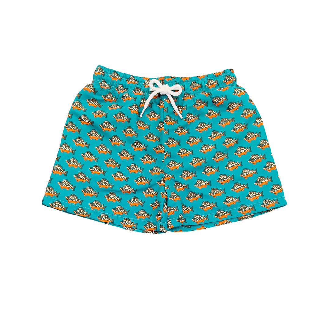 Saint Simons Swim Trunk in teal with tropical fish print by Saltwater Boys