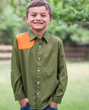 Load image into Gallery viewer, Post Oak & Blaze Orange LS Shirt-Blue Quail