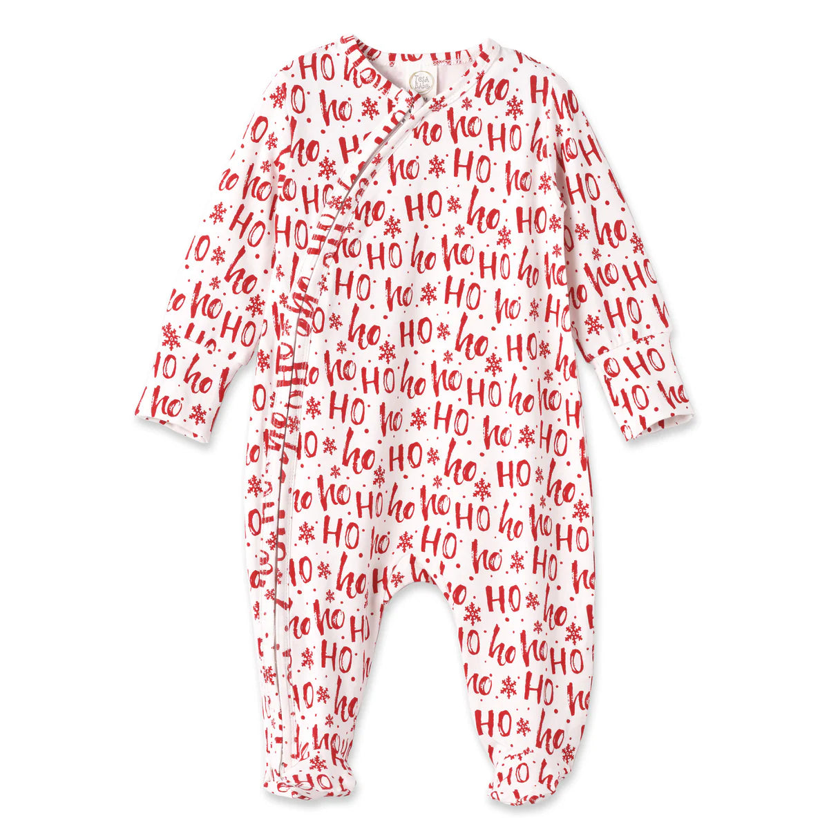 Long sleeve footed zipper romper in Ho Ho Ho by Tesa Babe, bamboo-cotton blend