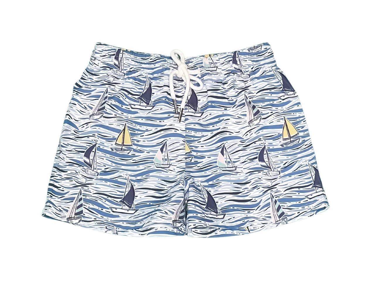 Saint Simons Shorties regatta blue swim trunks with UPF 50+ protection and built-in brief