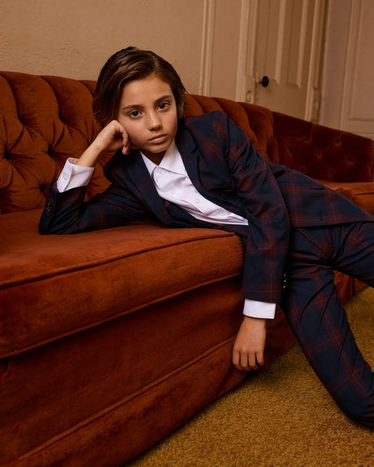 2-PC Strechy Mod Suit, Navy/Cranberry Plaid