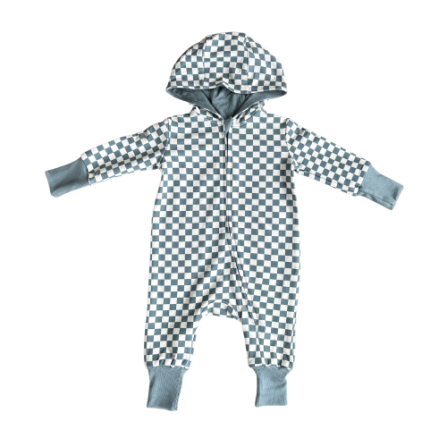 Baby Sprouts Zip Romper in Storm checkered pattern, full-length zipper, bamboo-cotton blend fabric