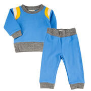 Charlie Layette Set in Warriors by Miki Miette—blue long-sleeve top and coordinating pants