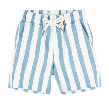 Logan Shorts in Stripes-Point Break stripe pattern with snap waist closure by Miki Miette