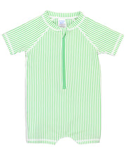 Load image into Gallery viewer, RuggedButts - Baby Boys Spring Green Seersucker Short Sleeve One Piece Rash Guard Swimsuit