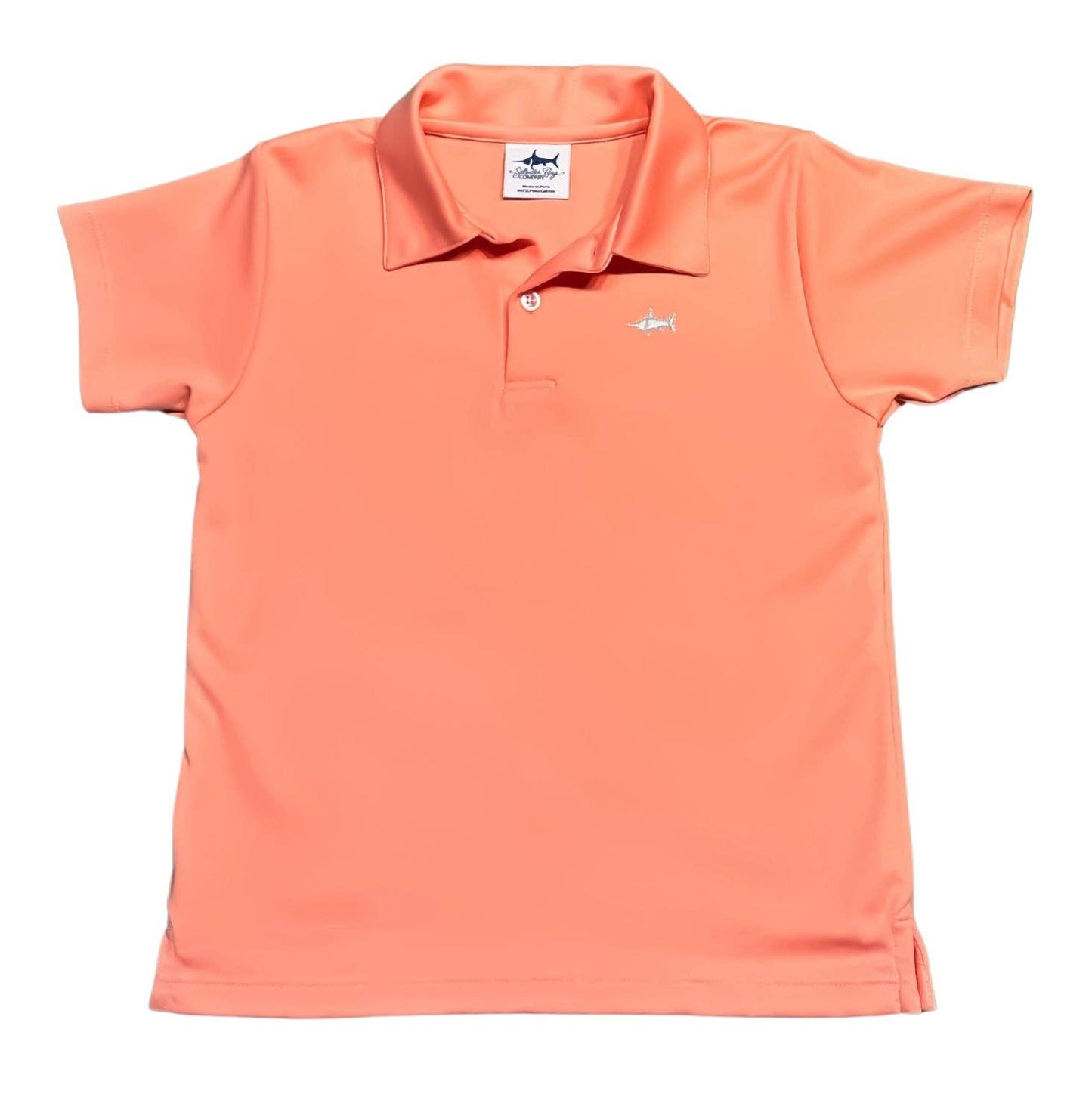 Saltwater Boys Signature Polo in Coral with navy embroidered marlin detail