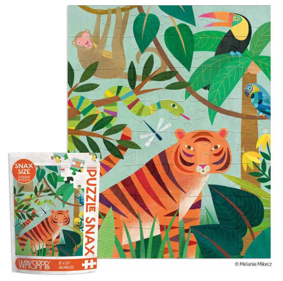 In the Jungle 48pc Puzzle Snax by Werkshoppe, featuring jungle-themed imagery and precision-cut pieces