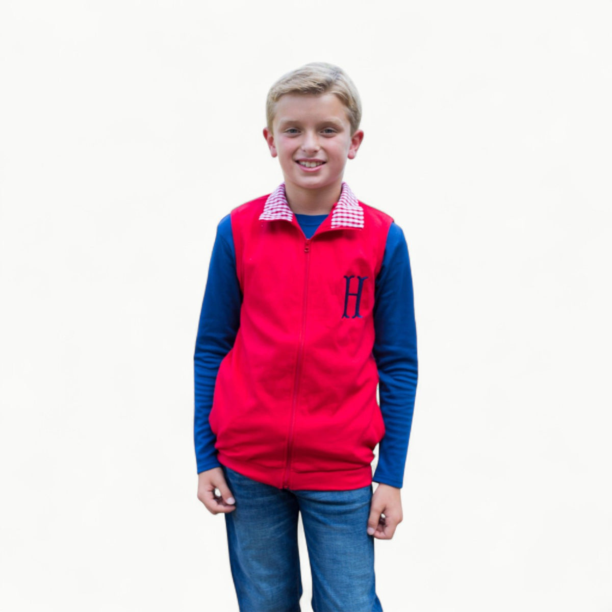 Red gingham accent vest with full zip closure and hidden pockets, interior collar detail