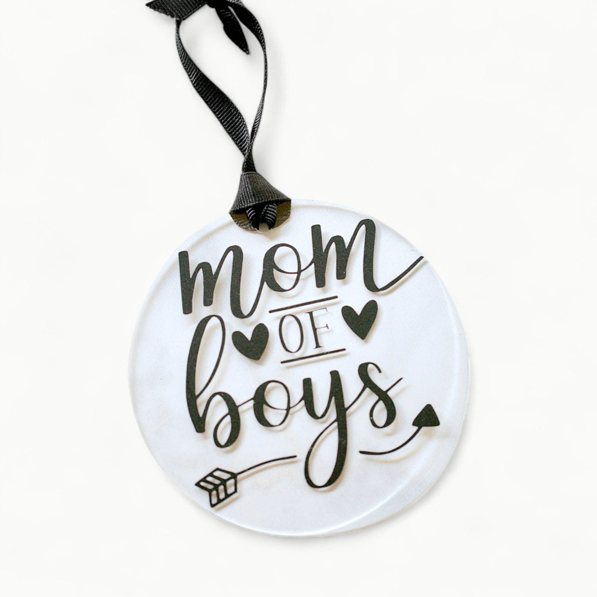 Clear acrylic Mom Of Boys ornament with black ribbon, 4 inches diameter, by Younique Ornaments