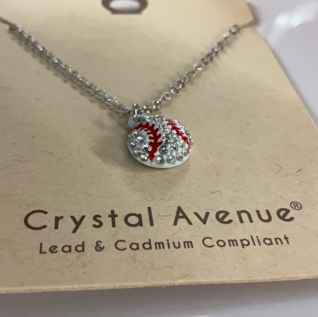 Crystal Avenue silver glittery baseball necklace with red trim detail