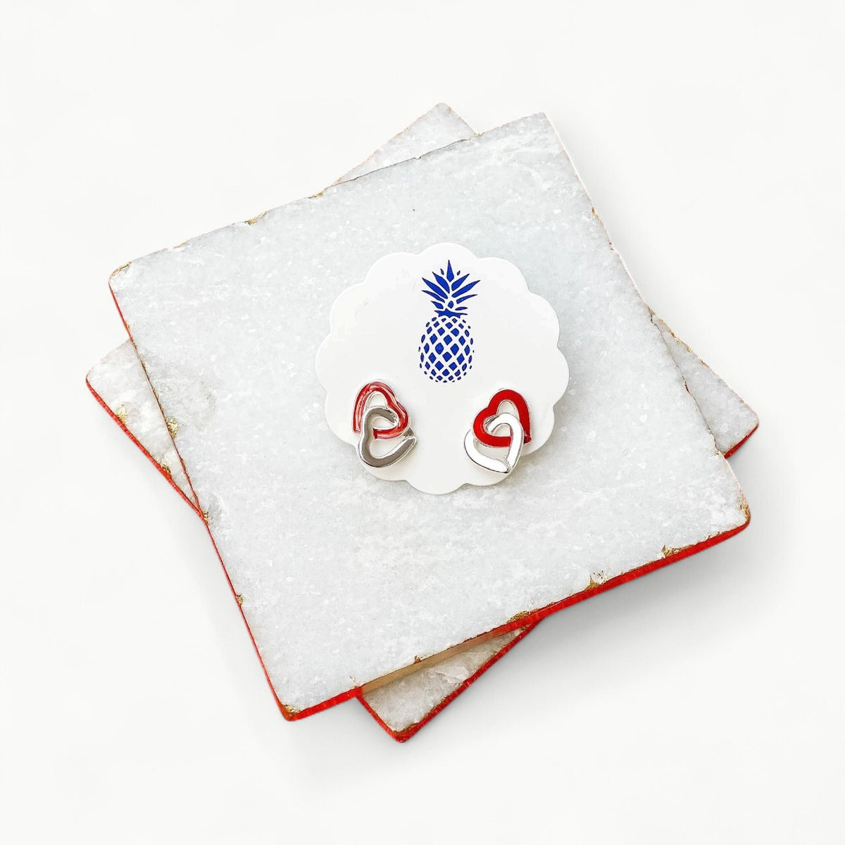 Interlocking red heart stud earrings by Prep Obsessed Wholesale, nickel-free and lead-compliant
