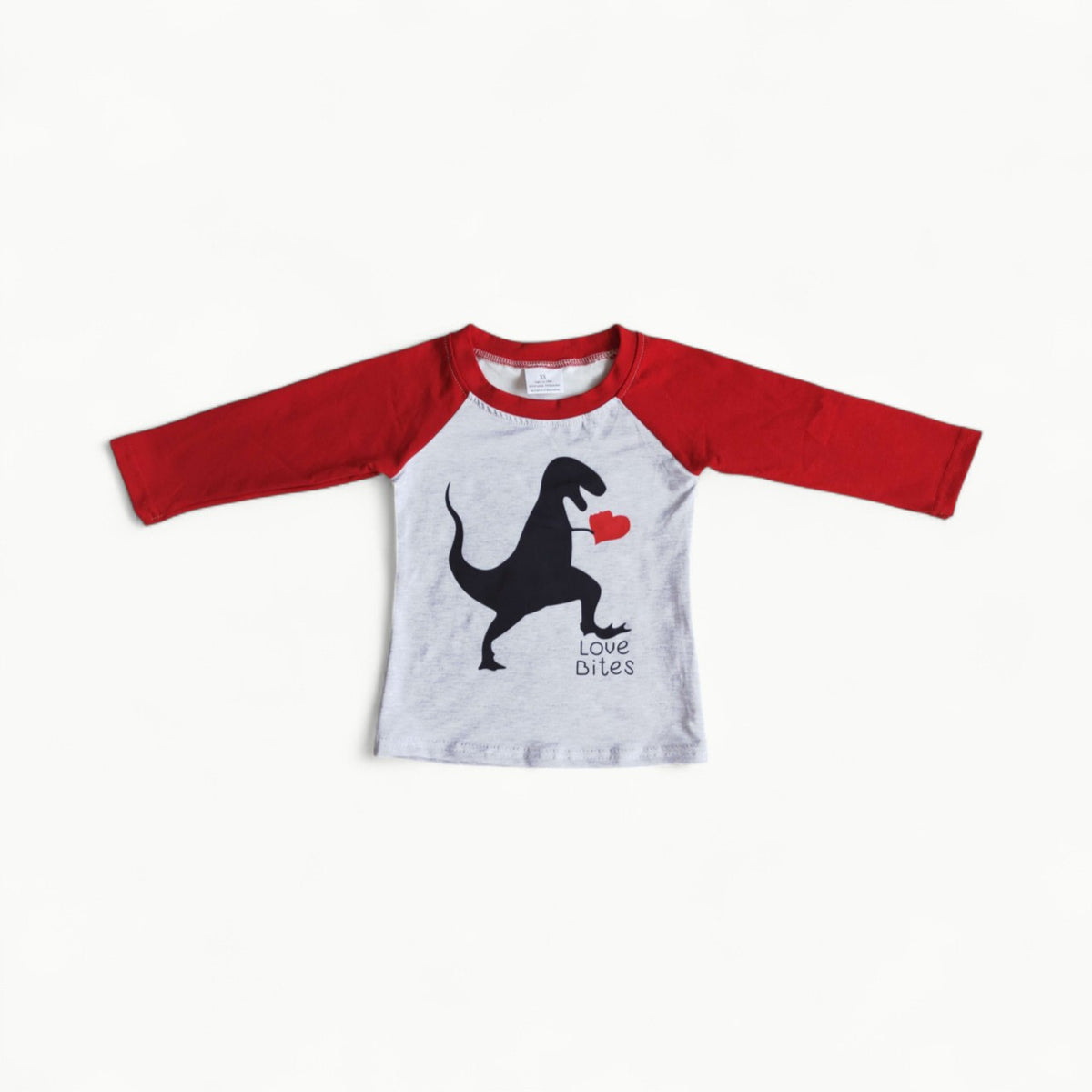Love Bites Dinosaur Raglan T-Shirt in soft silk milk cotton, featuring an understated T-Rex graphic and typography