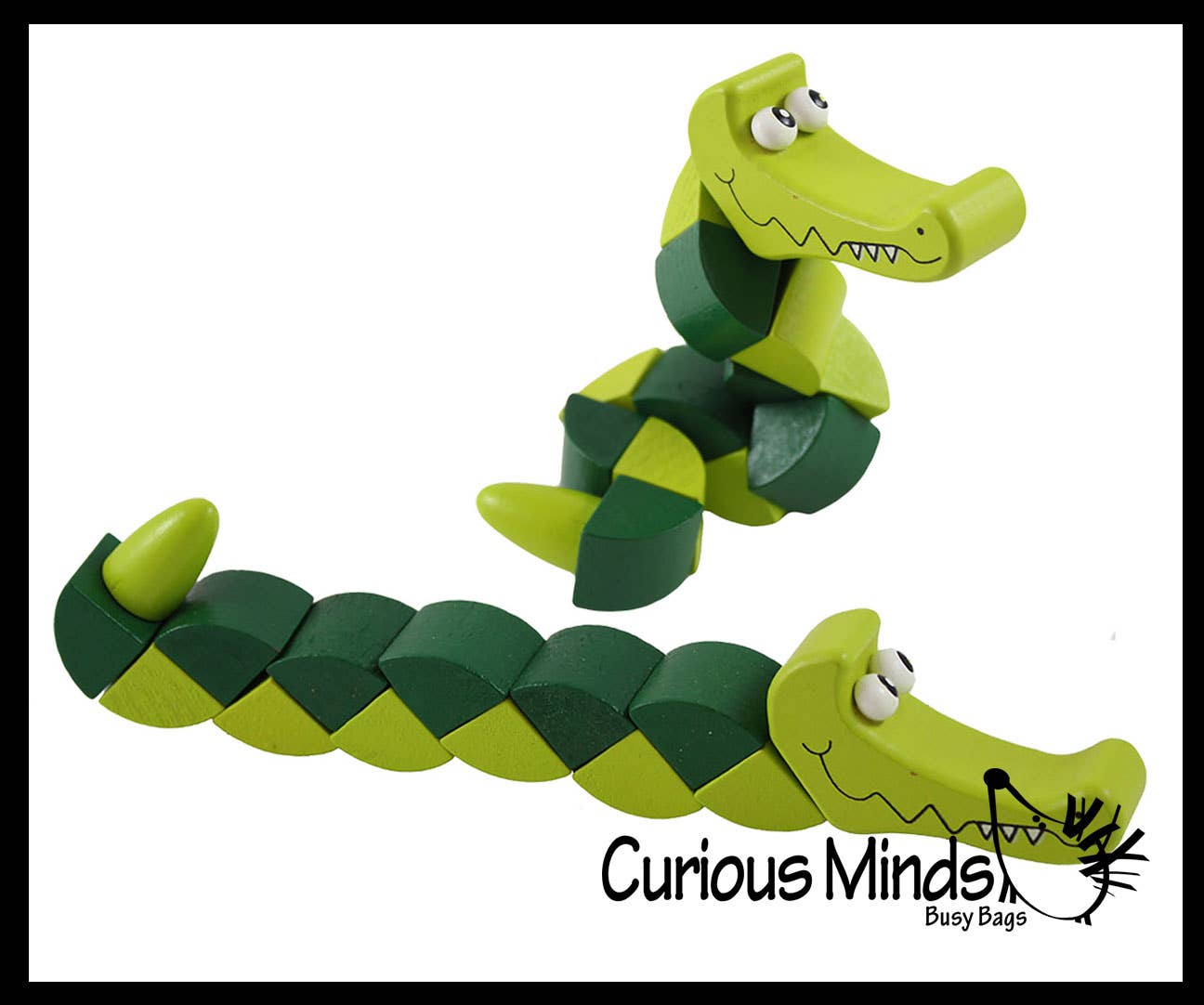 Wooden alligator fidget toy with 12 colored segments, fully articulated and posed