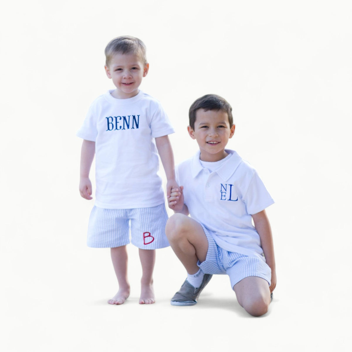 Light blue seersucker shorts for boys by Love That Cotton, fully lined with elastic waist and pockets