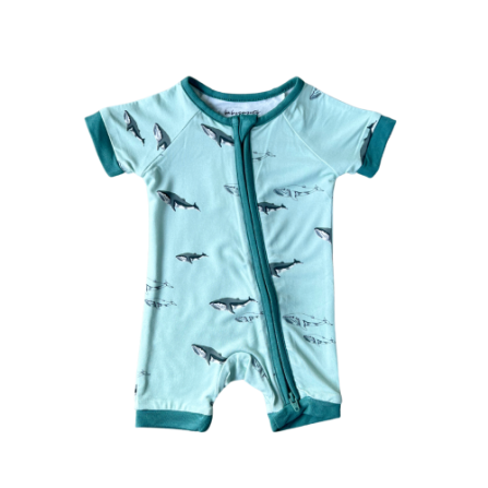 Baby Sprouts SS Zip Romper in oceanic whale print with built-in footies