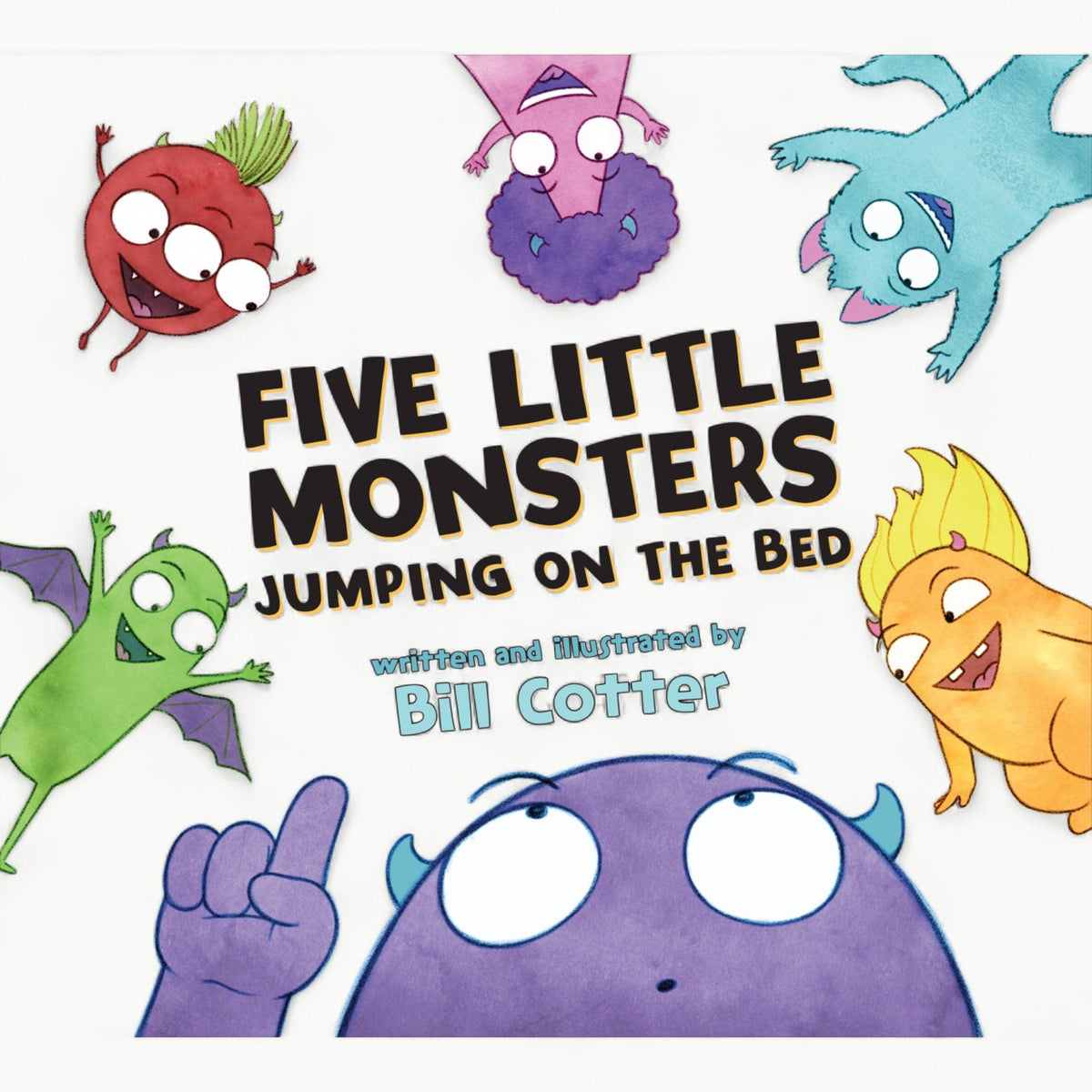 Five Little Monsters Jumping on the Bed children's picture book cover by Bill Cotter, Sourcebooks