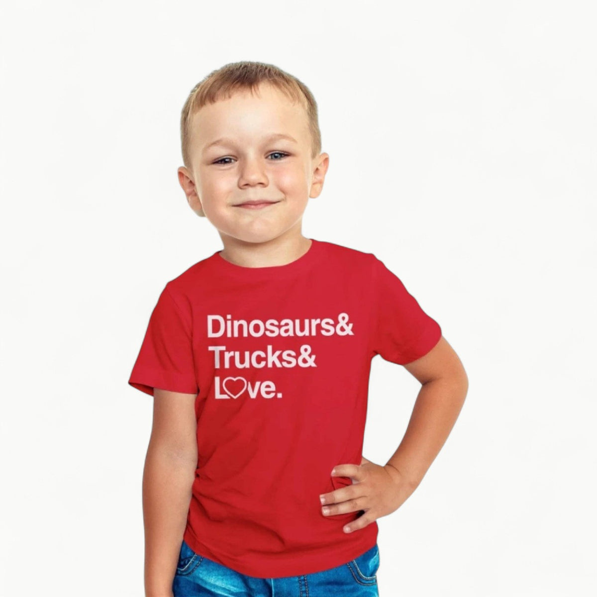 Red t-shirt with dinosaurs and trucks graphic, rib-knit scoop neck, short sleeves