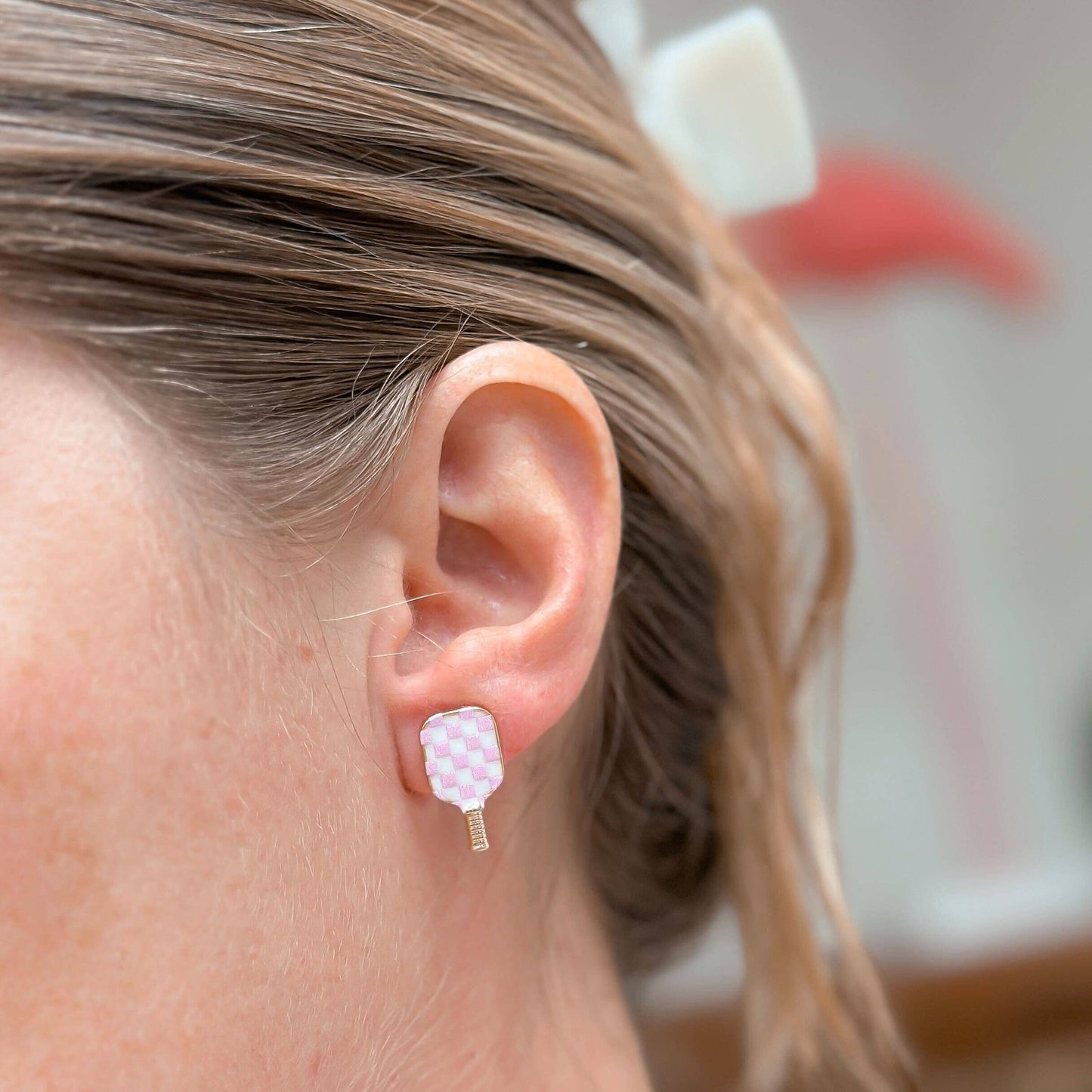 Enamel Pickleball Stud Earrings - Pink Check