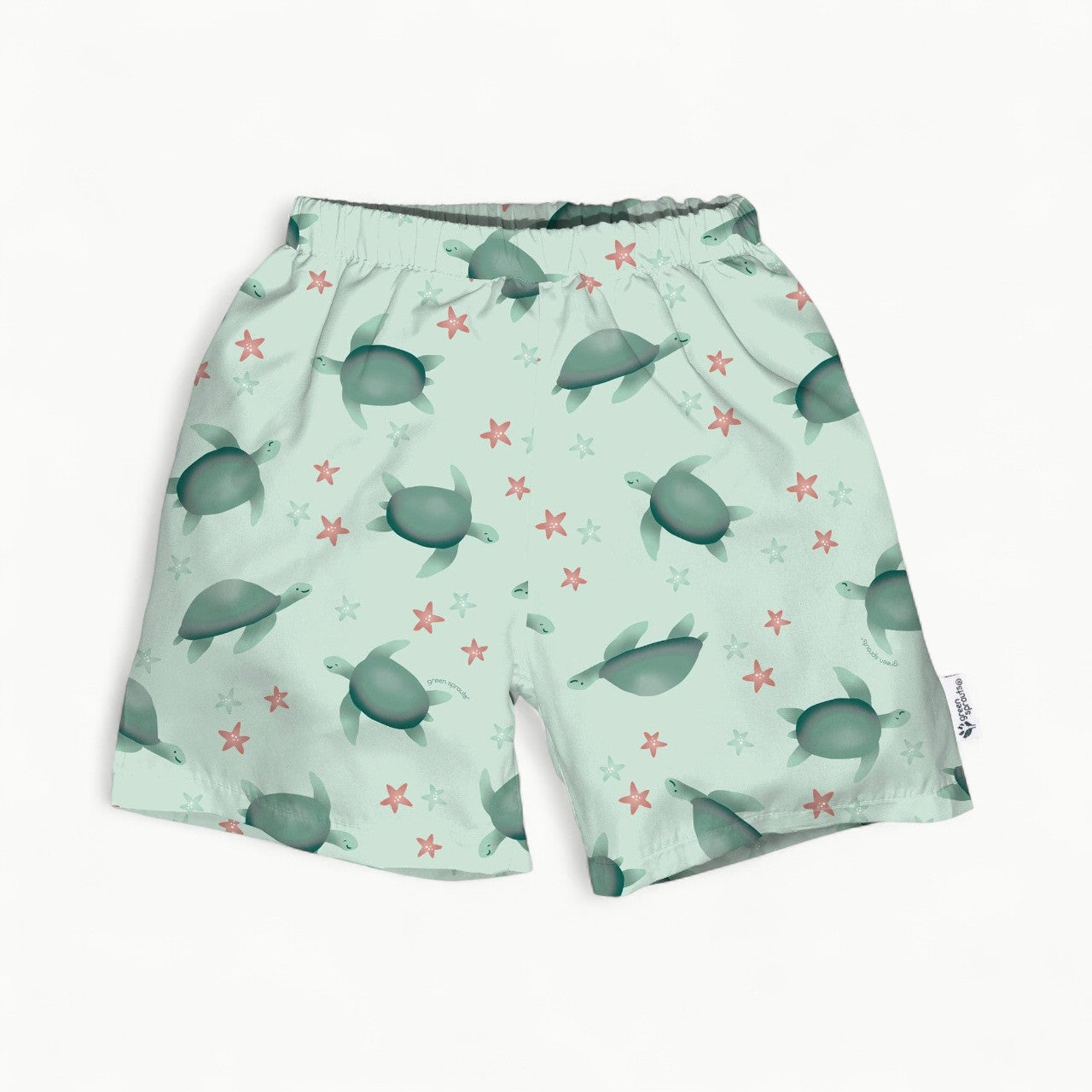 Light sage turtle eco swim trunks with built-in diaper by Green Sprouts, UPF 50+ protection