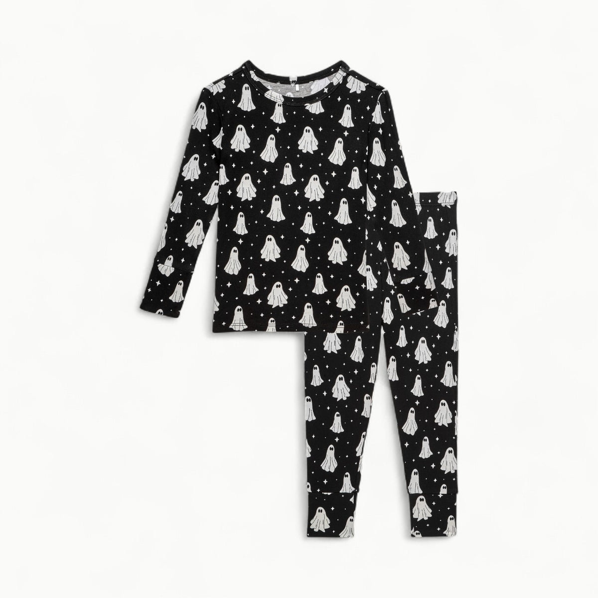 Ghostly black 2-piece long-sleeve pajama set by Posh Peanut in soft bamboo viscose