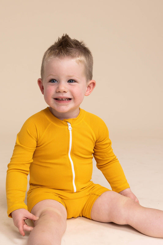 Boy's Zip Up Rashguard |Yellow Ribbed
