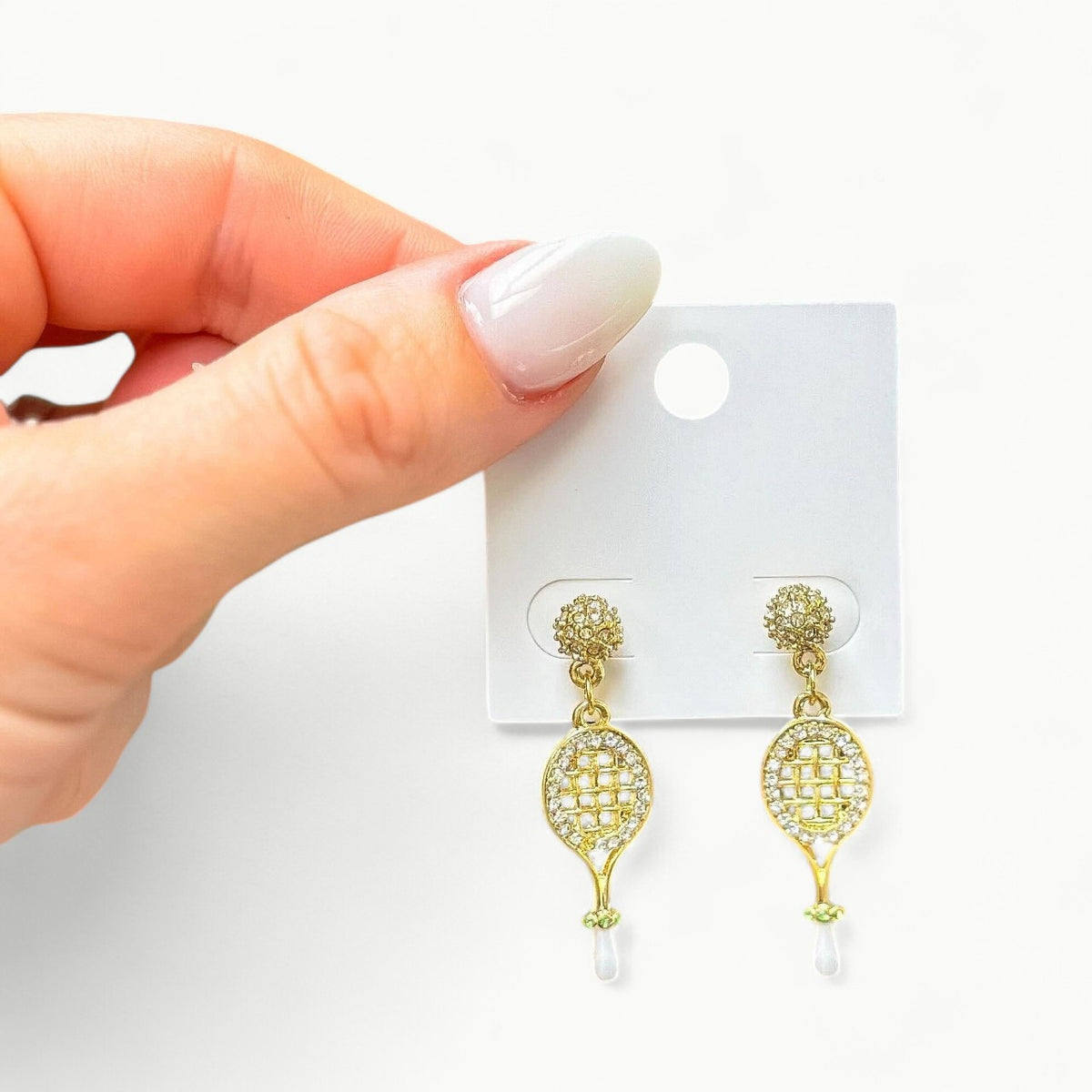 Gold dipped tennis racket dangle earrings, 1.50 inch studs by Prep Obsessed Wholesale