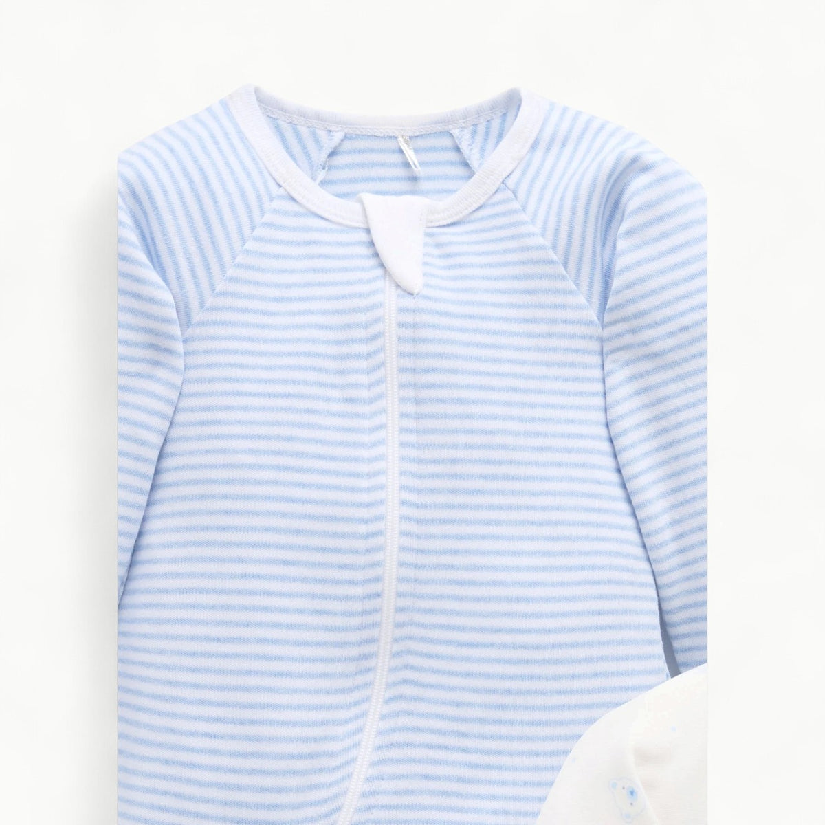 Pale blue 2-pack zip growsuits in 100% organic cotton with built-in feet and fold-over mittens