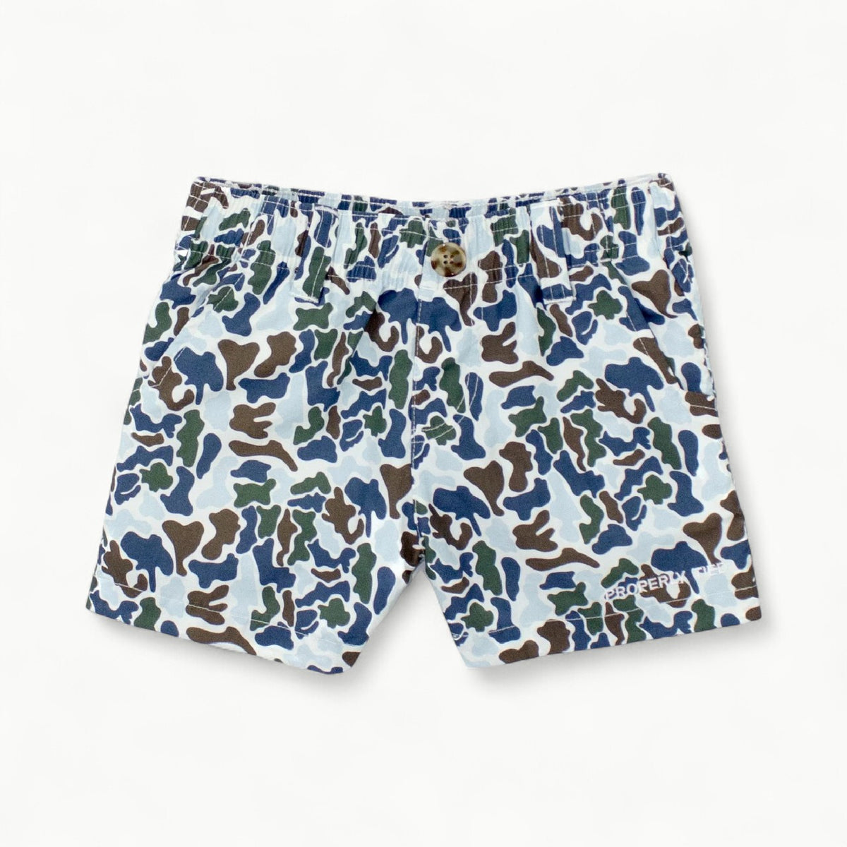 Mallard Shorts in Terra Camo by Properly Tied, 100% nylon elastic-waistband shorts