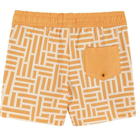 Light orange swim trunks, with an orange and white geometric pattern, against a plain white backdrop. It has one rear pocket on the right side.