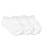 Load image into Gallery viewer, 3 pairs of plain white ankle socks against a plain white backdrop. Th socks are made for a toddler.