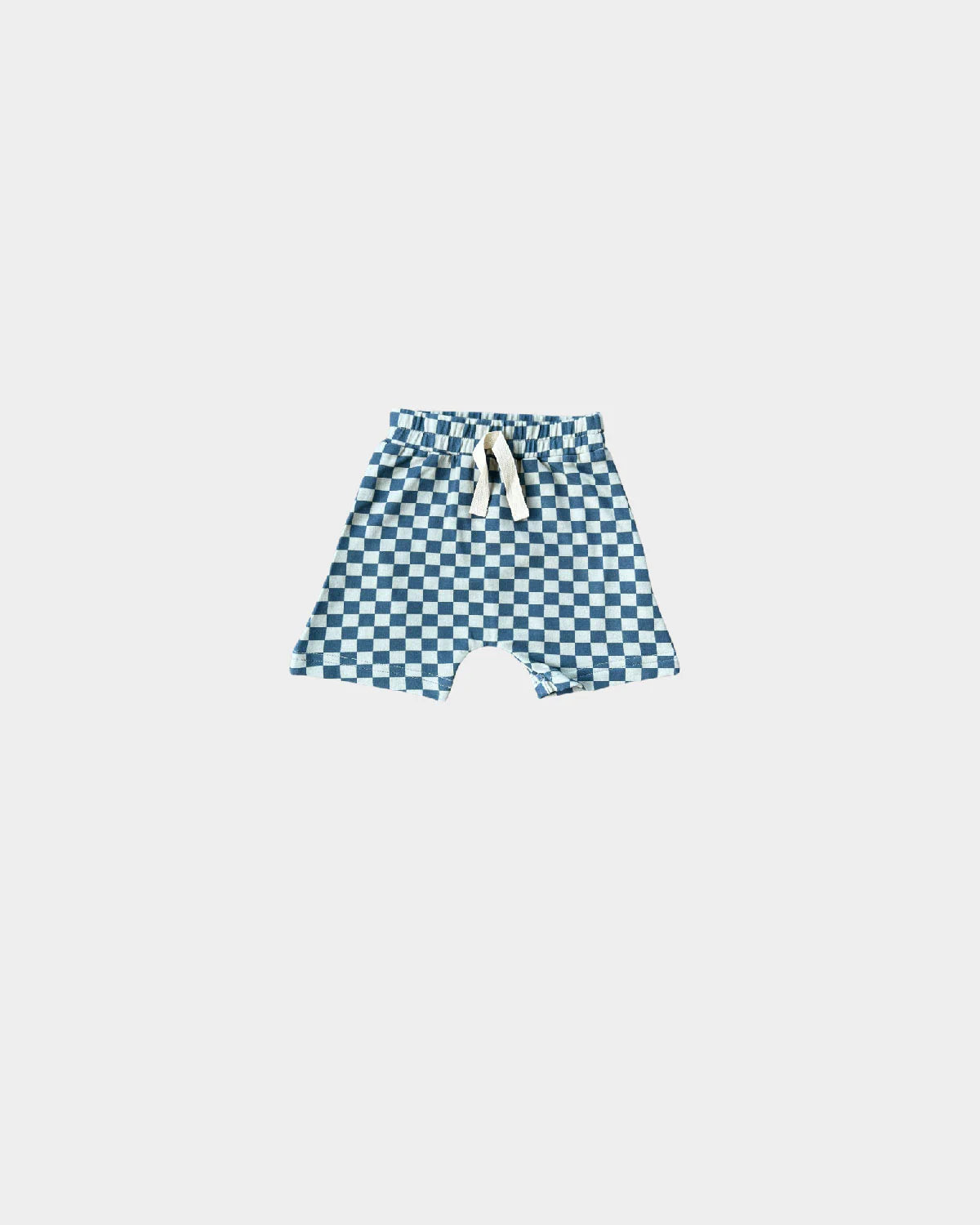 Blue green checkered harem shorts with drop-crotch silhouette and elastic waistband, Baby Sprouts