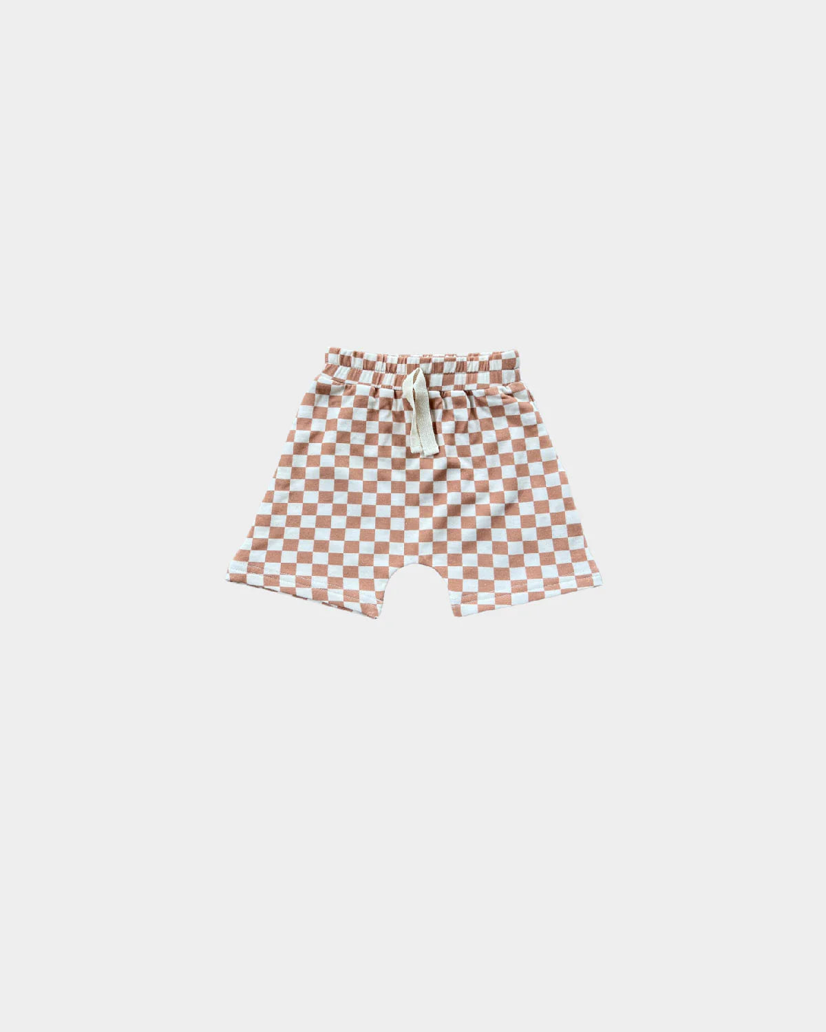 Baby Sprouts bamboo harem shorts in butterscotch check pattern with drop-crotch fit