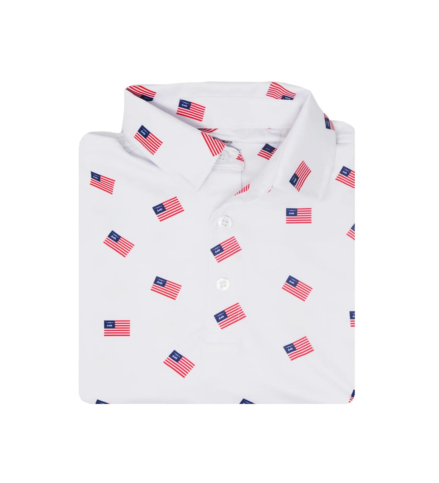 White golf polo with all-over American flag print from Bald Head Blues