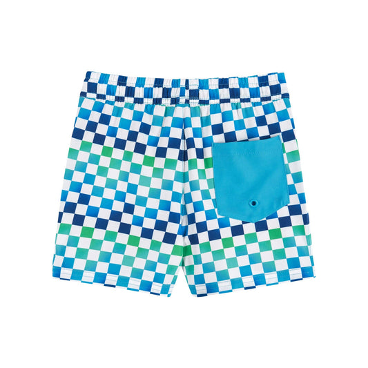The backside of a pair of checkered swim trunks, with a blue ombre changing into a cool, green color. The right side has a vented blue pocket.