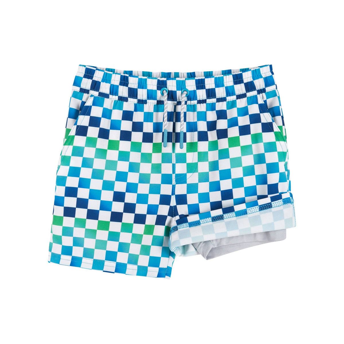 A pair of checkered swim trunks, with a blue ombre changing into a cool, green color with the right leg flipped up to show the white hemmed lining and sewn-in compression shorts.