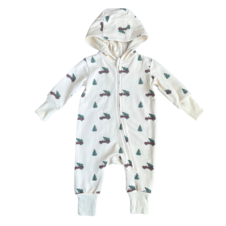 Christmas Truck Zip Romper in warm bamboo by Baby Sprouts, featuring zip front and classic truck design