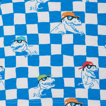 Load image into Gallery viewer, A close up of fabric featuring blue and white checkers, with several t-rex dinosaurs integrated into the design, with the dinosaurs wearing fitted hats and sunglasses.