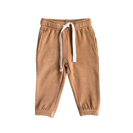 Toffee joggers by Baby Sprouts in premium bamboo terry, featuring functional pockets and drawstring.