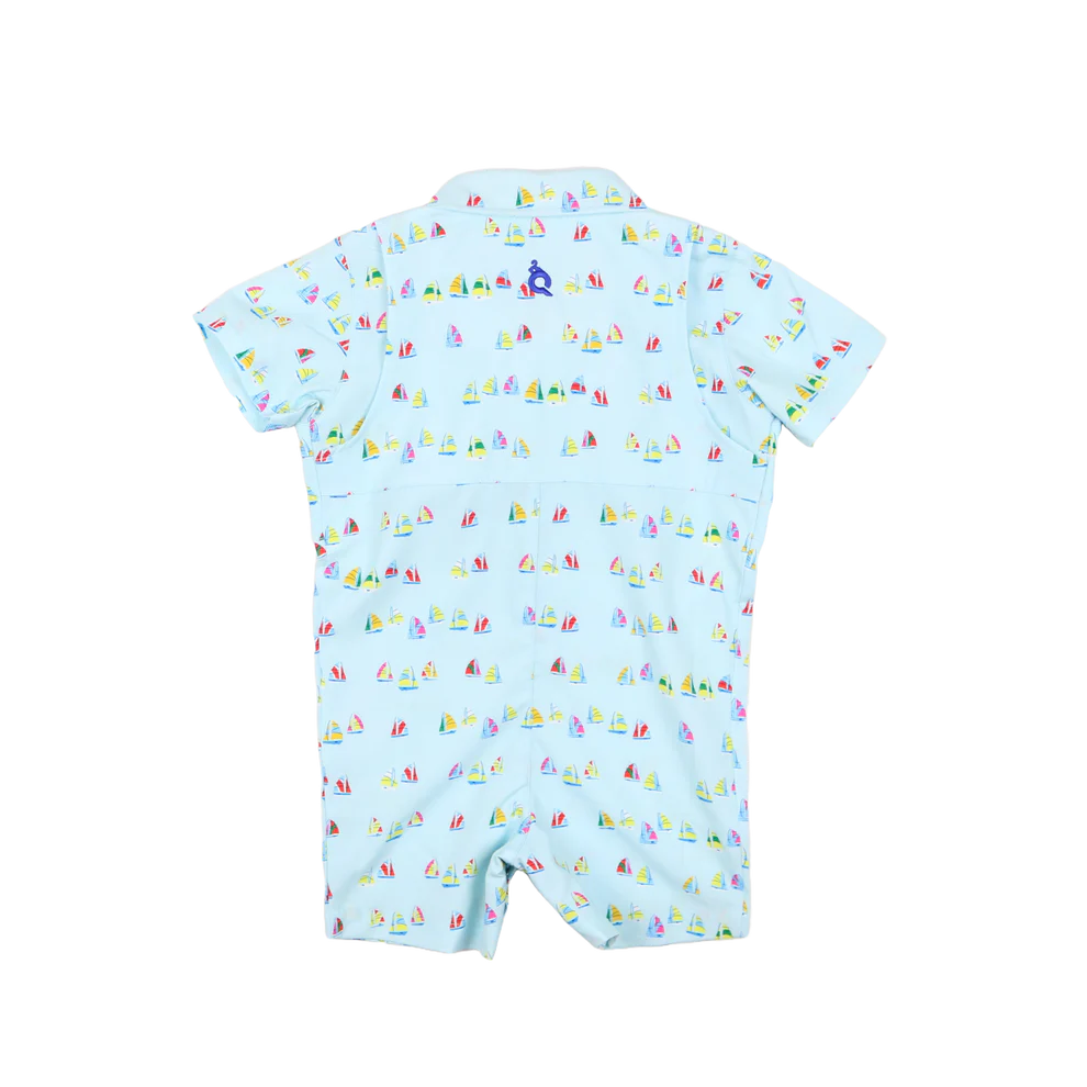 Boat Race Polo SS Romper-Blue Quail