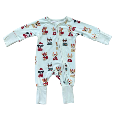 Baby Sprouts long sleeve zip romper featuring Christmas Dogs design, neutral holiday aesthetic