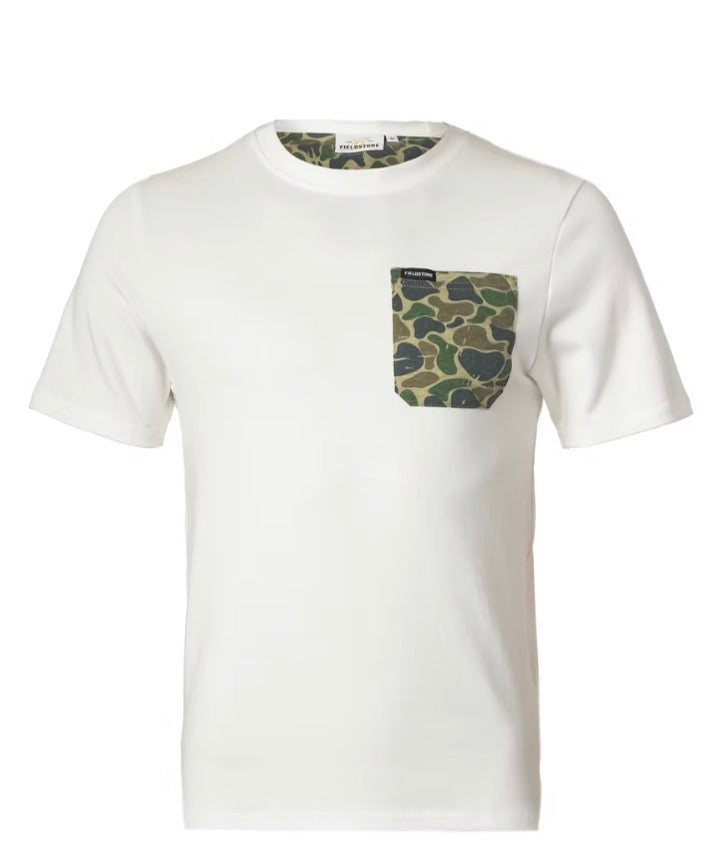 White ringspun cotton tee with camo pocket detail by Fieldstone