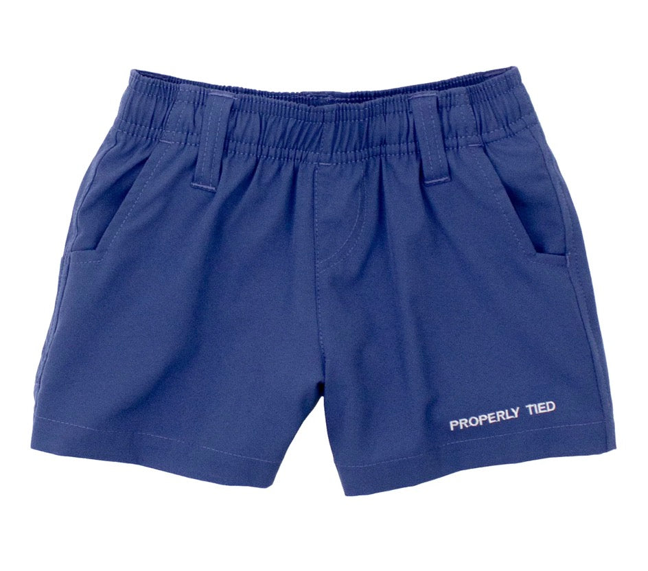 Pintail Shorts in washed navy by Properly Tied, flat lay detail view