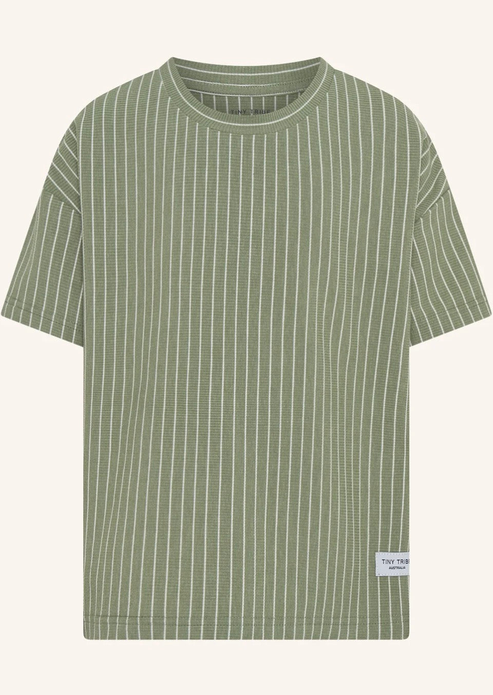 Core Stripe Rib Tee in green by Tiny Tribe with subtle vertical stripes and finished neckline detail