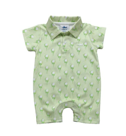 Saltwater Boys green Pima cotton polo romper with golf-inspired print, displayed flat