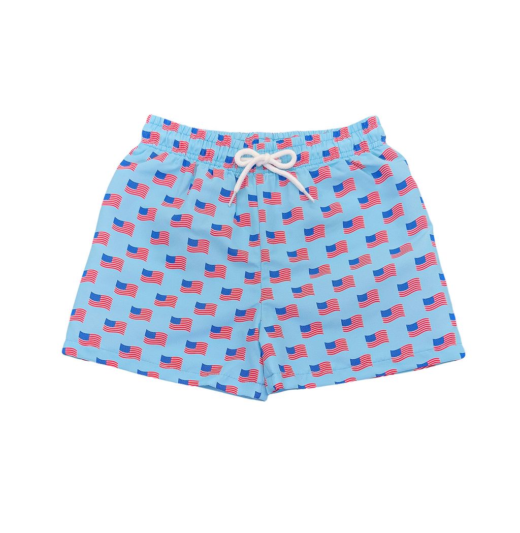 Saint Simons Swim Trunk in Flag by Saltwater Boys—boys' premium swim shorts with elastic waistband